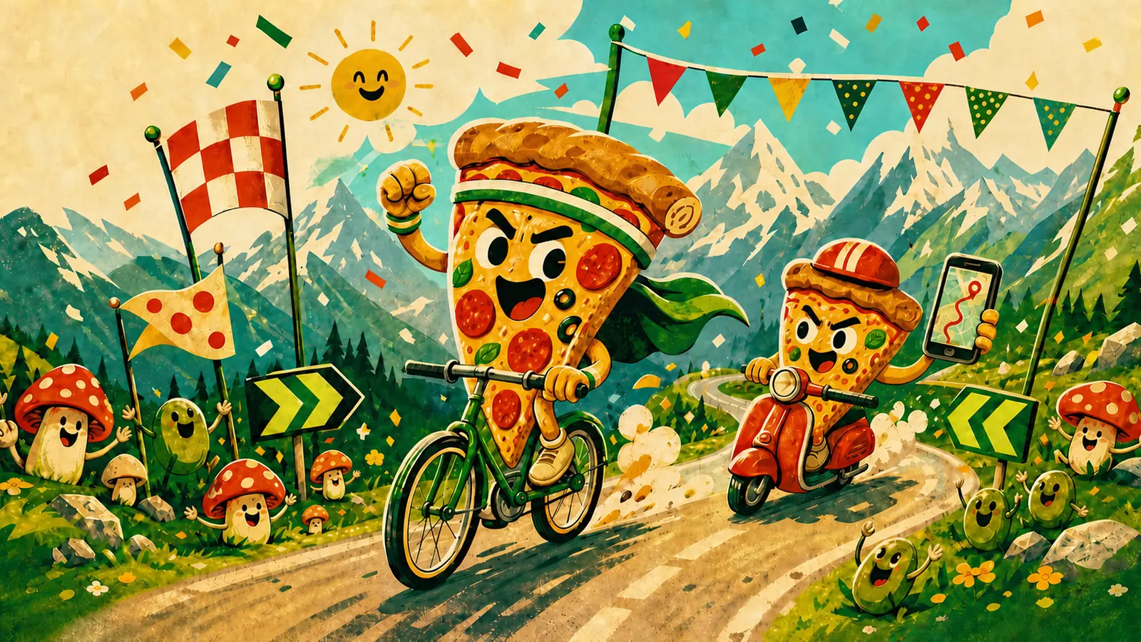 PizzaCup-Rallye mit fahrenden Pizzastücken auf einer Bergstrecke